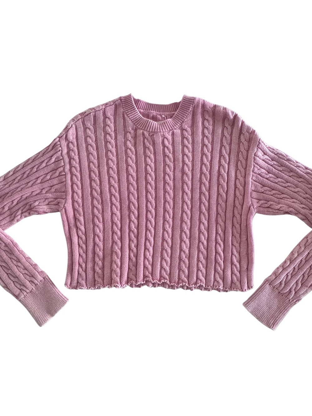Aerie Lovethis Moment Cable Knit Cropped Sweater Women M Pink 100% Cotton
